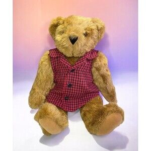 Vermont Teddy Bear Plush Stuffed Animal Heart Tattoo Jointed Flannel Shirt Brown